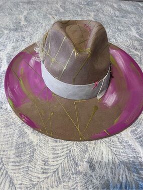 Custom Painted Tan Hat with Rhinestone Serpent and Pink and Gold Accents
